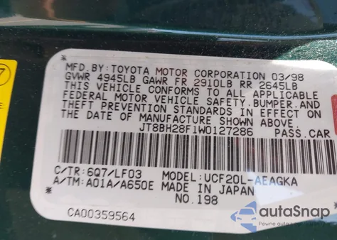 1998 Lexus Ls 400 z USA, uszkodzony, nr VIN JT8BH28F1W0127286